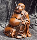Laughing Buddha Statue 2 5in W X 2in T Necklace On Knee Hand Carved Wood
