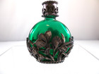 Vtg Miniature Green Perfume Bottle Art Nouveau Style Dragonfly Pewter Overlay