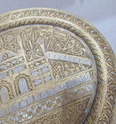 Antique Hand Carved Mughal Art Indian Persian Brass Tray With Silver Work
