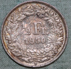 Switzerland 1950   Silver 1 2 Franc  99    Tracked Shipping