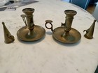 Pair Of Antique Brass Bed Chamber Candle Holder W   Loop Handle   Candle Snuffer