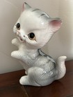 Vintage Ceramic Kitten Cat Figurine Gray White With Whiskers Big Eyes