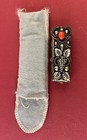 Vintage Grape Design Silver   Red Coral Lipstick Holder W  Mirror In Pouch