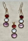 14k Yellow Gold Multicolor Gemstone Pendant   Earrings Set Amethyst Topaz Garnet