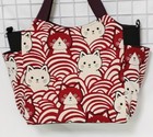 Handmade Tote Bag With Cat Pattern  Wave Design  And Burgundy Side Pockets 
