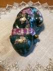 Vintage Green Sleeping Cat Figurine Pink Flowers Hand Painted 9 5  Asian Art