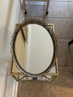 Vtg Gold Gilt Ormolu Filigree Footed Oval Vanity Dresser Mirror Tray W easel 13   