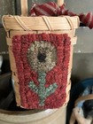 Primitive folk Art handmade wool Rug Hooking  Fall Flower On Small Basket   new 