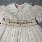 Vintage 1990   s Smocked Girls Dress Size 4 Cream   Coral Gauze Lace Layered Party