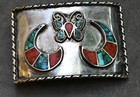 Vintage Navajo Sterling  Turquoise   Coral Buckle 55 Gram For 1 5 Strap 2x 2 75 