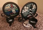 Set Of 2 Stained Glass Lighthouse Black Metal Tea Candle Votive Holders