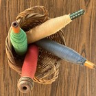Antique Wooden Sewing Spools Cotton Thread Green Red Blue Beige In Woven Basket