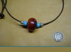Antique Amber   Venetian Blue Padre Glass Genuine Leather Trade Bead Necklace