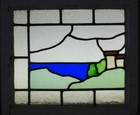 Scene  Hills  Water  Bushes Old English Leaded Stained Glass Window 20 5  X18 25