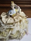 Vintage Lady Woman Fan Arms Away Porcelain Half Doll Pin Cushion Ornate Feathers
