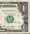 2013  1 One Dollar Federal Reserve Star Note Serial   K28207278  - Triple  2 s 