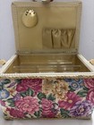 Vintage  Sewing Basket Box With Floral Tapestry   Wicker Dividers Granny Core