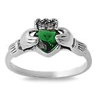  925 Sterling Silver Irish Heart Cut Simulated Emerald Cz Claddagh Promise Ring