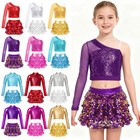 Us  Kids Girls Sequins Crop Top With Mini Skirt Latin Jazz Hip Hop Dance Costume