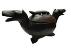 Vintage Hand Carved Wooden Grease Pot Lidded Dog Heads Lizard Folk Art