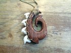 41mm Composite Hawaiian Koa Wood Tiger Shark Teeth Hei-matau Fish Hook Necklace