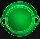 Vintage Uranium Glass Handled Tray Cake Plate Platter 11 5  Etched Floral Design