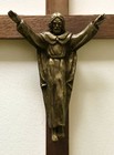 Vintage Wooden Wood Metal Wall Cross Crucifix Holy Religious Brass Finish Christ