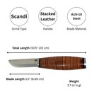 Puukko Bushcraft Knife Aus-10 Steel Scandi Grind Stacked Leather Handle   Sheath