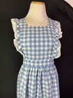 Vintage Gingham Pinafore Apron Blue White Lace Trim Cross Back Tie