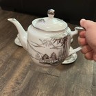 Vintage Kutani Japanese Tea Set 4 Hand Painted Mount Fuji Silver Lithophane