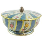 Vintage Floral Tin Container With Lid And Knob Made In England Blue Gold Stripe