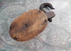 Antique 3 Wheel Nautical  Barn Pulley  Early American Wooden Sheave  Iron Hook 