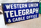 Orig  Vintage Porcelain Western Union Telegraph Advertising Flange Sign 24x12