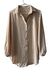 Women   s Old Money Beige Buttonup Long Sleeve Short Dress Blouse Belt Loop Preppy