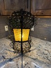 Vintage Spanish Revival Wrought Iron Hanging Lantern     1920s Gothic Amber Glass
