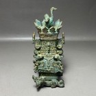 Vintage Bronze Crane Lotus Square Vessel Chinese Decor Collectible Office Art