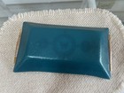Signed Georges Briard Mid Century Teal   22k Gold Glass Serving Tray Wood Handle