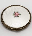 Vintage Art Deco White Guilloche Enamel Flower Floral Makeup Mirror Compact
