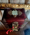 Vintage Shanghai China Jewelry Box Wood   Brass   Jade Inlay  W lock And Key  