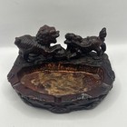Fighting Foo Dogs Statue Ashtray Taiwan Mahogany Brown Red Rare Solid Vintage