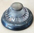 Antique Heavy Large Round Capstan Ink Well Metal And Glass Flip Top