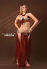 Red Belly Dance Costume 2 Piece Beaded Bra   Belt Transparent Skirt Dancing Set