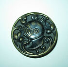 Antique Lg Brass Picture Button  Knight Head Helmet W Visor  Curling Vine Border