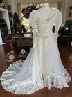 60s 70s Ivory Cream Corset Prairie Victorian Puff Sleeve Lace Wedding Dress S