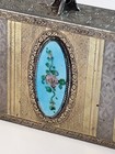 Vintage Guilloche Metal Dance Compact Enamel Flower Cartouche Wrist Chain C441