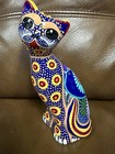 Hand-painted Mexican Folk Art Cat Pottery Sculpture 7    Uv Light Reactive-signed