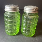 Hazel Atlas Waffle Uranium Glass Salt   Pepper Shakers Set Vintage With Lids