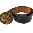 Vintage 1976 Solid Brass Indian Head Belt Buckle 1913 Coin W  Black Leather Belt