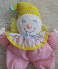 Vintage Eden Pink White Polka Dot Clown Toy Rattle Cloth Plush Baby Yellow Hat