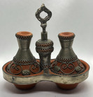 Vintage Middle Eastern Red Clay Dual Condiment Set With Metal Filigree